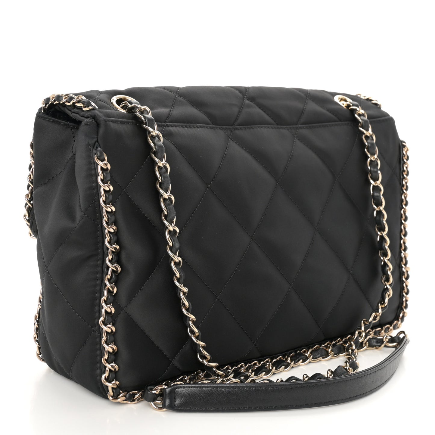 Satin Quilted Large Chain All Over Flap Bag Black Black