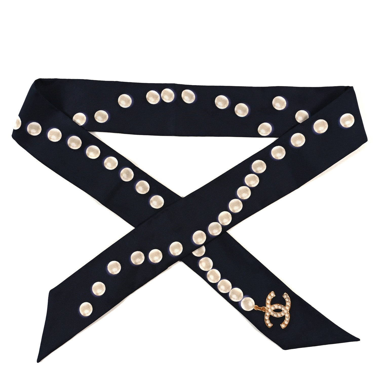 Chanel Silk Pearl CC Slim Bandeau Scarf Dark Navy 1 of 3