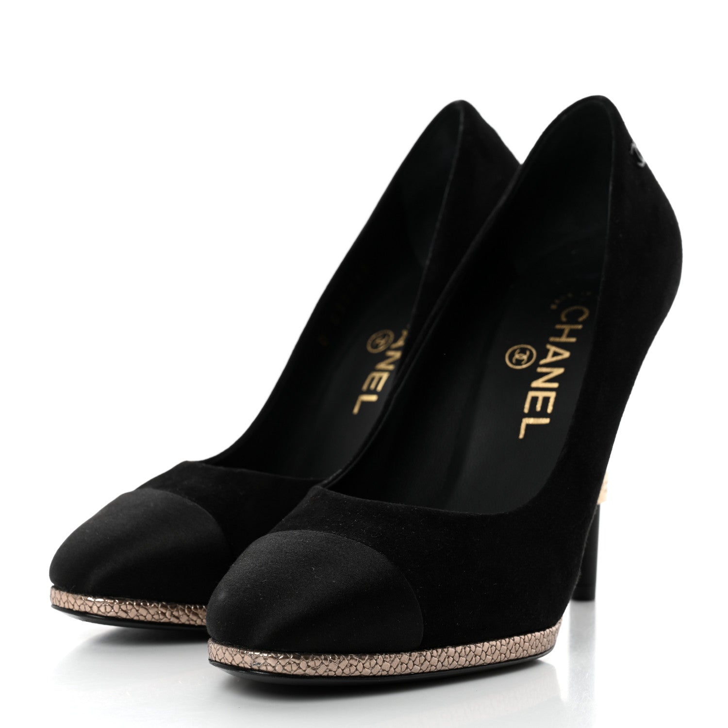 Chanel Suede Calfskin Satin Cap Toe CC Pumps 37 Black 3 of 9