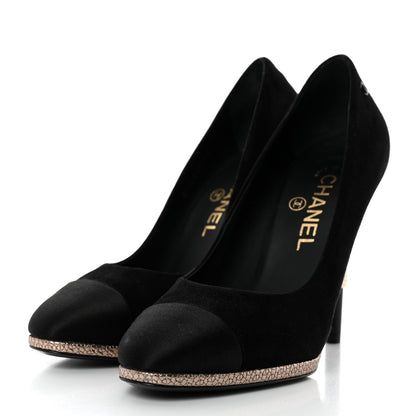 Chanel Suede Calfskin Satin Cap Toe CC Pumps 37 Black 3 of 9