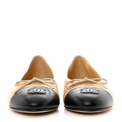Chanel Lambskin Cap Toe CC Ballerina Flats 37.5 Beige Black 2 of 9