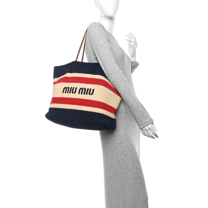 Miu Miu Raffia Effect Crochet Large Woven Tote Natural Blue 2 of 9