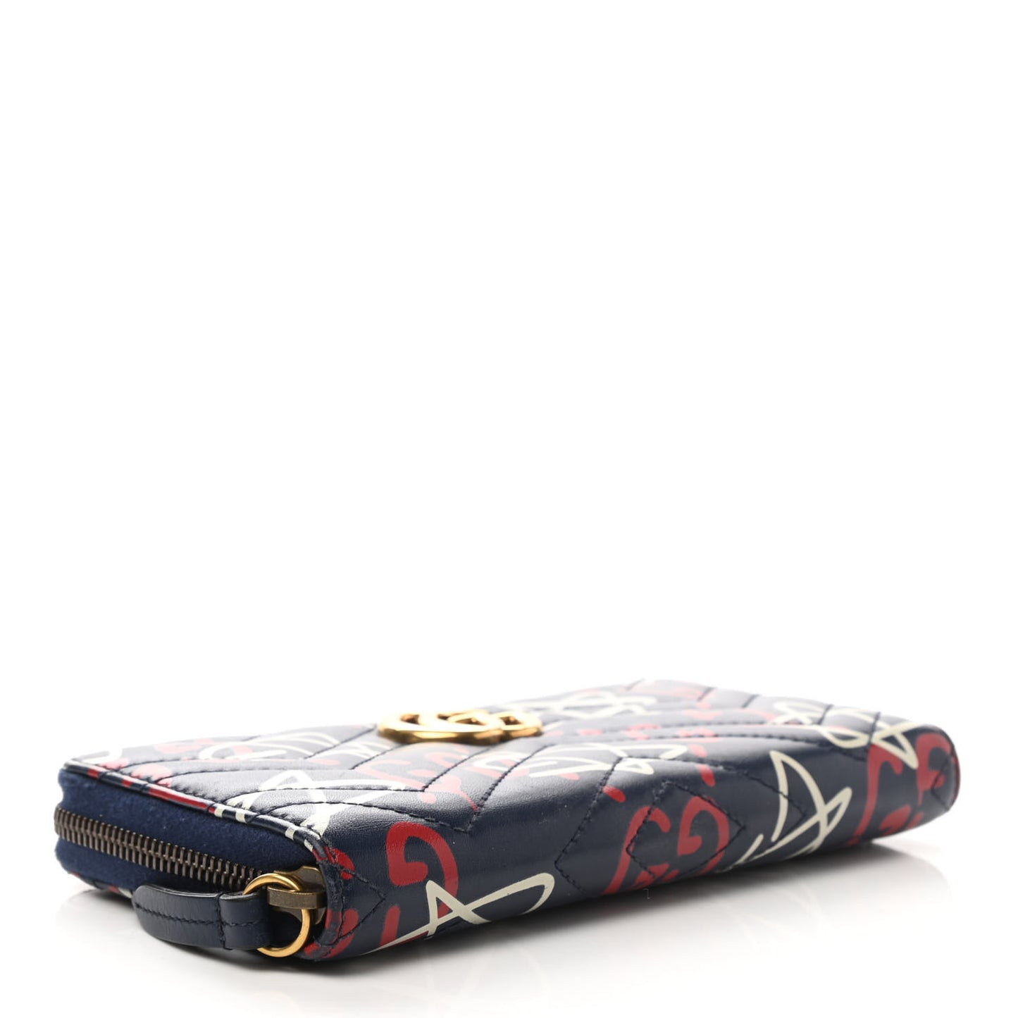 Calfskin Matelasse GucciGhost GG Marmont Zip Around Wallet Blue Agata Hibiscus Red