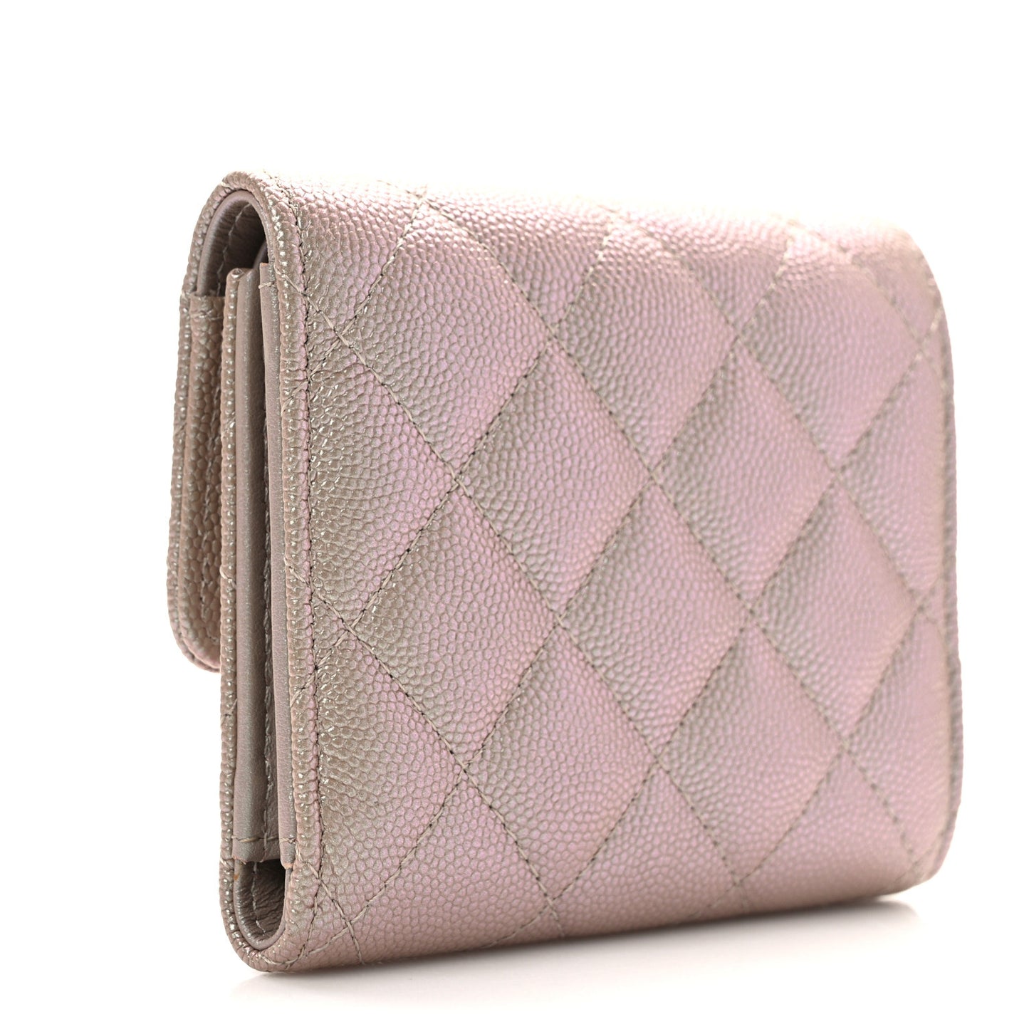 Iridescent Caviar Quilted Small Flap Wallet Beige