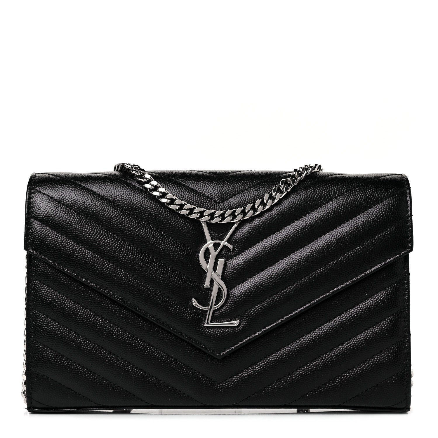 Saint Laurent Grain De Poudre Matelasse Chevron Monogram Chain Wallet Black 1 of 9