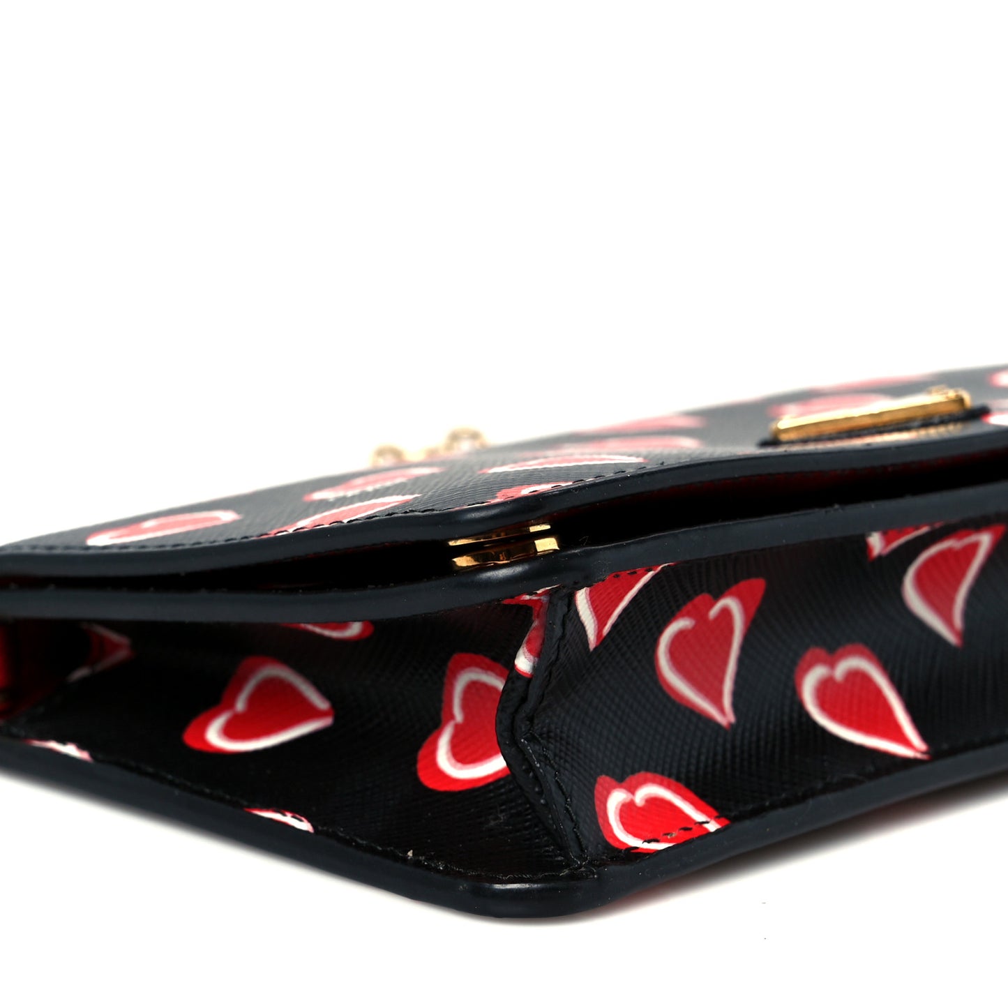 Saffiano Heart Print Mini Wallet On Chain Black