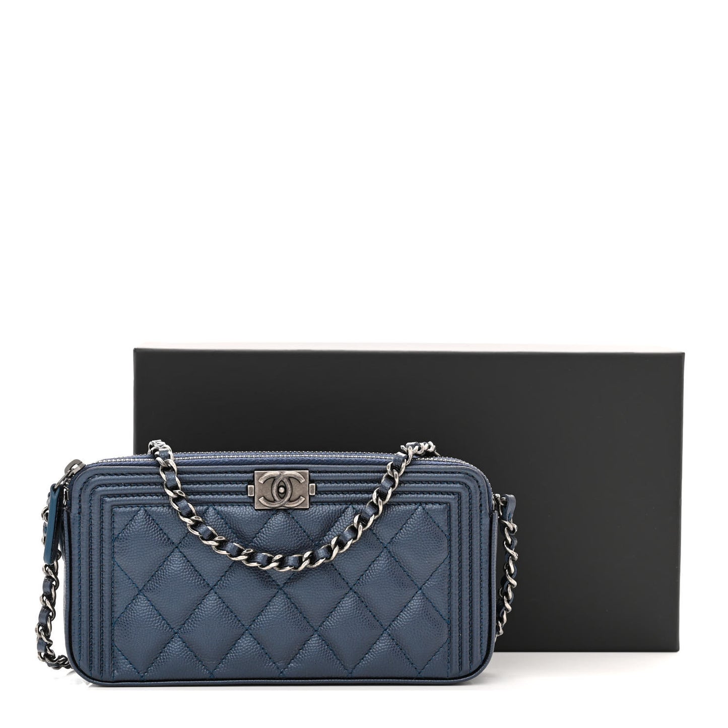 Metallic Caviar Quilted Small Boy Clutch With Chain Navy