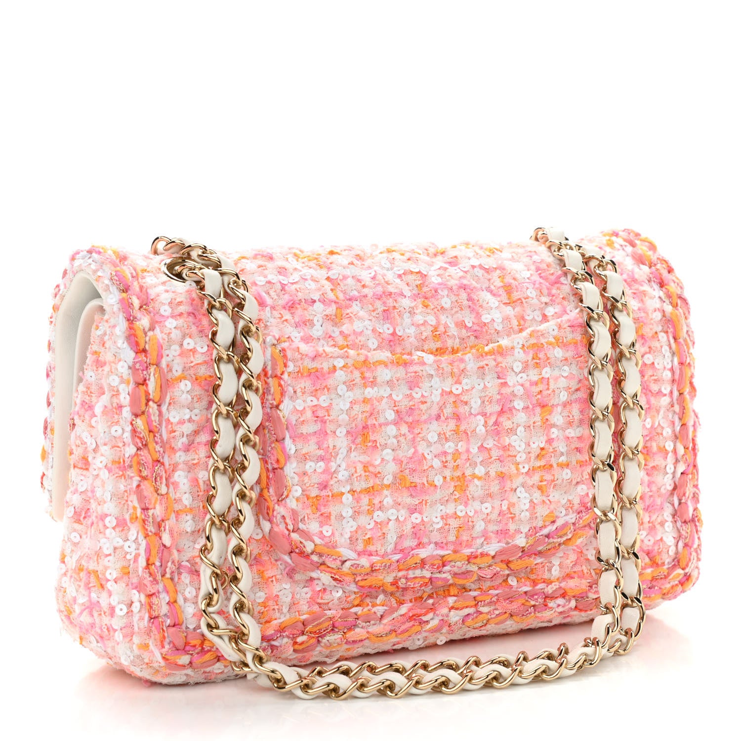 Chanel Tweed Braid Sequin Medium Double Flap White Pink Orange 3 of 10