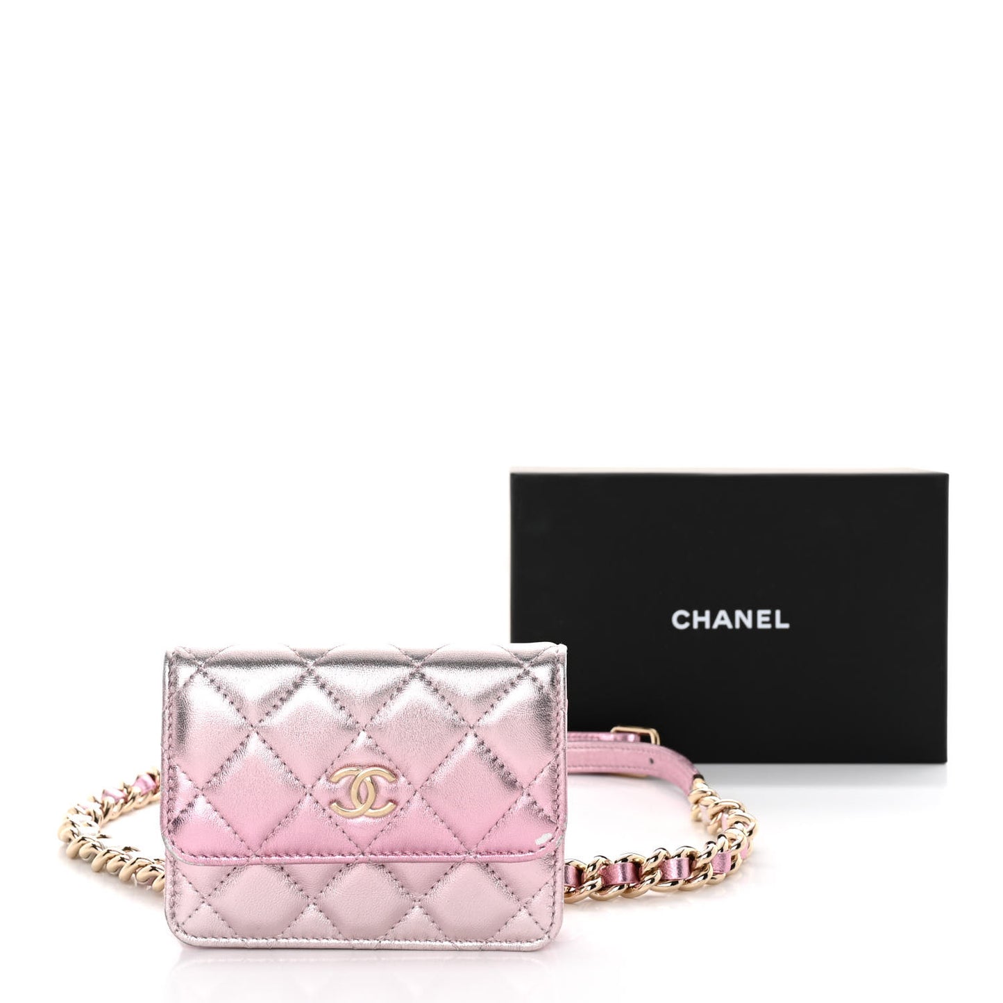 Gradient Metallic Lambskin Quilted Flap Chain Belt Bag Gold Pink