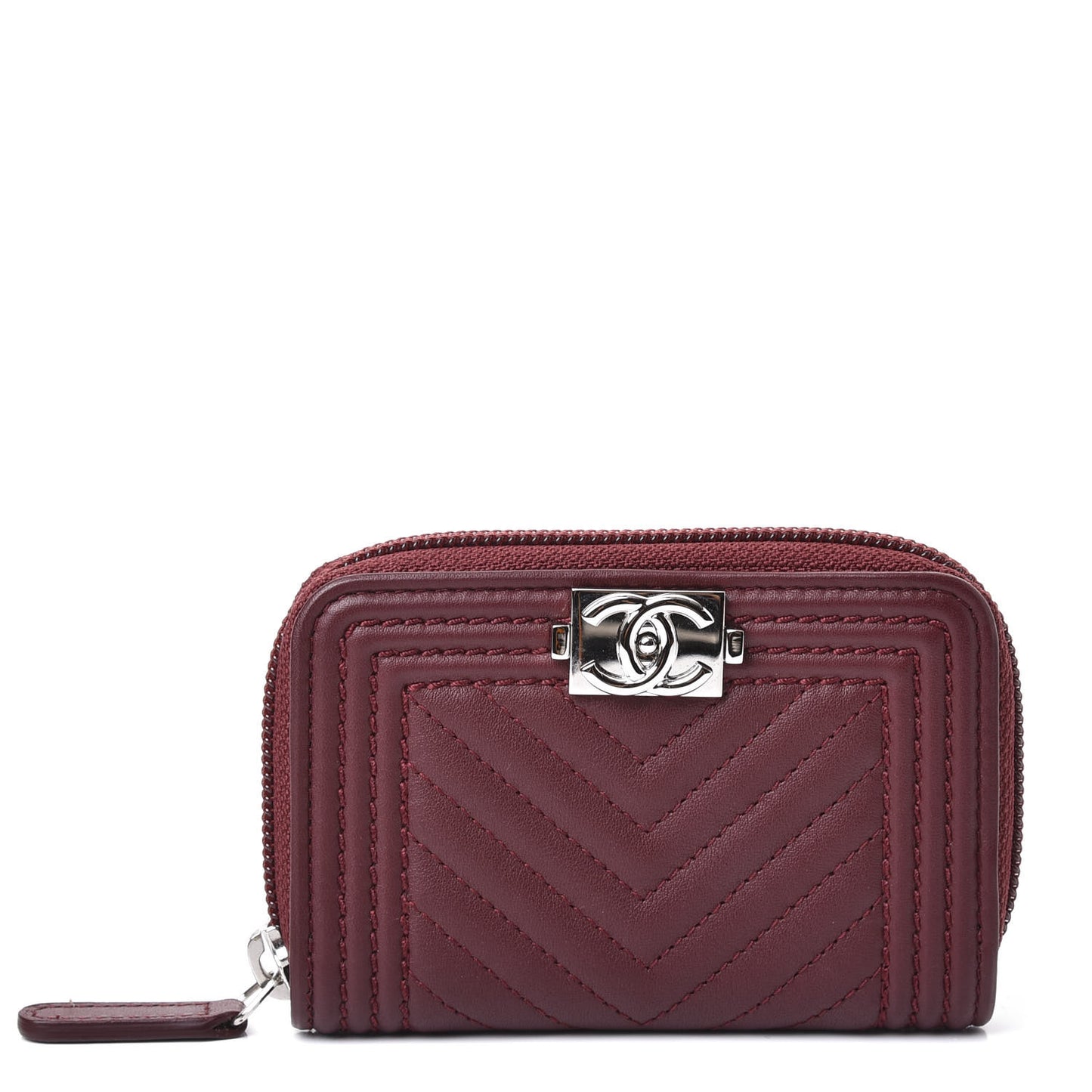 Lambskin Chevron Quilted Boy Zip Around Coin Purse Wallet Burgundy