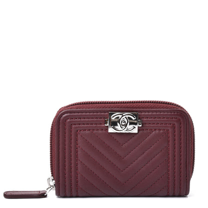Chanel Lambskin Chevron Quilted Boy Zip Around Coin Purse Wallet Burgundy 1 of 9