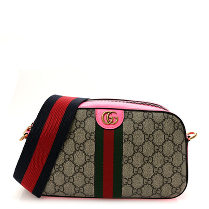 Gucci GG Supreme Monogram Textured Dollar Calfskin Web Ophidia Small Crossbody Bag Beige Ebony Fuchsia 1 of 10