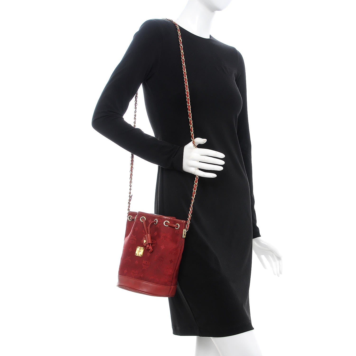MCM Nylon Monogram Bucket Shoulder Bag Red 2 of 17