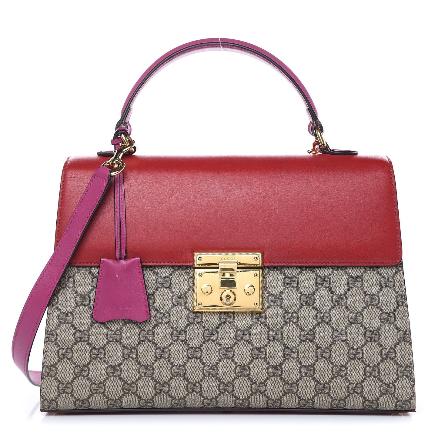 GG Supreme Monogram Calfskin Medium Padlock Top Handle Bag Beige Hibiscus Red New Rosette