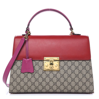 Gucci GG Supreme Monogram Calfskin Medium Padlock Top Handle Bag Beige Hibiscus Red New Rosette 1 of 22