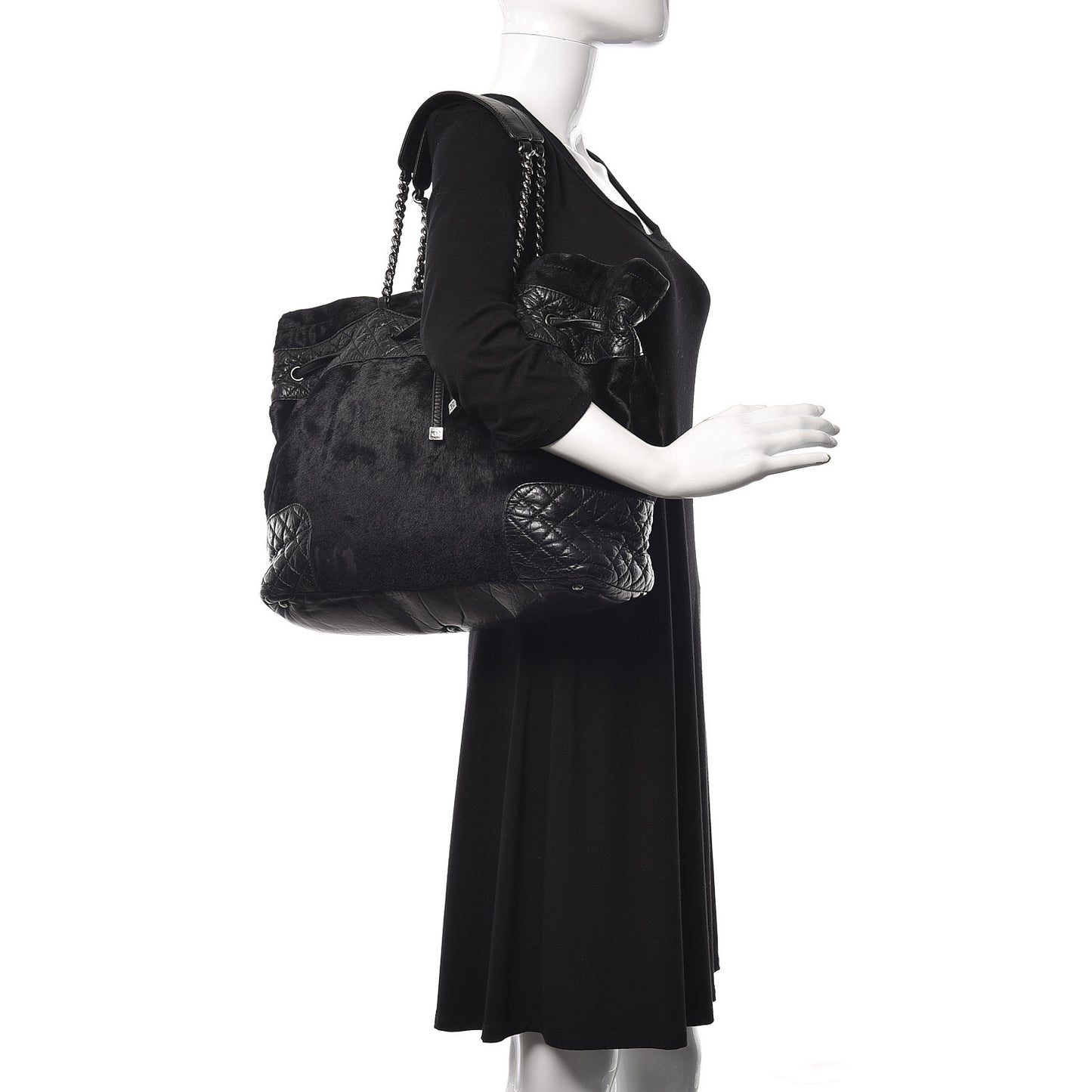 Pony Hair Quilted Drawstring Tote Black