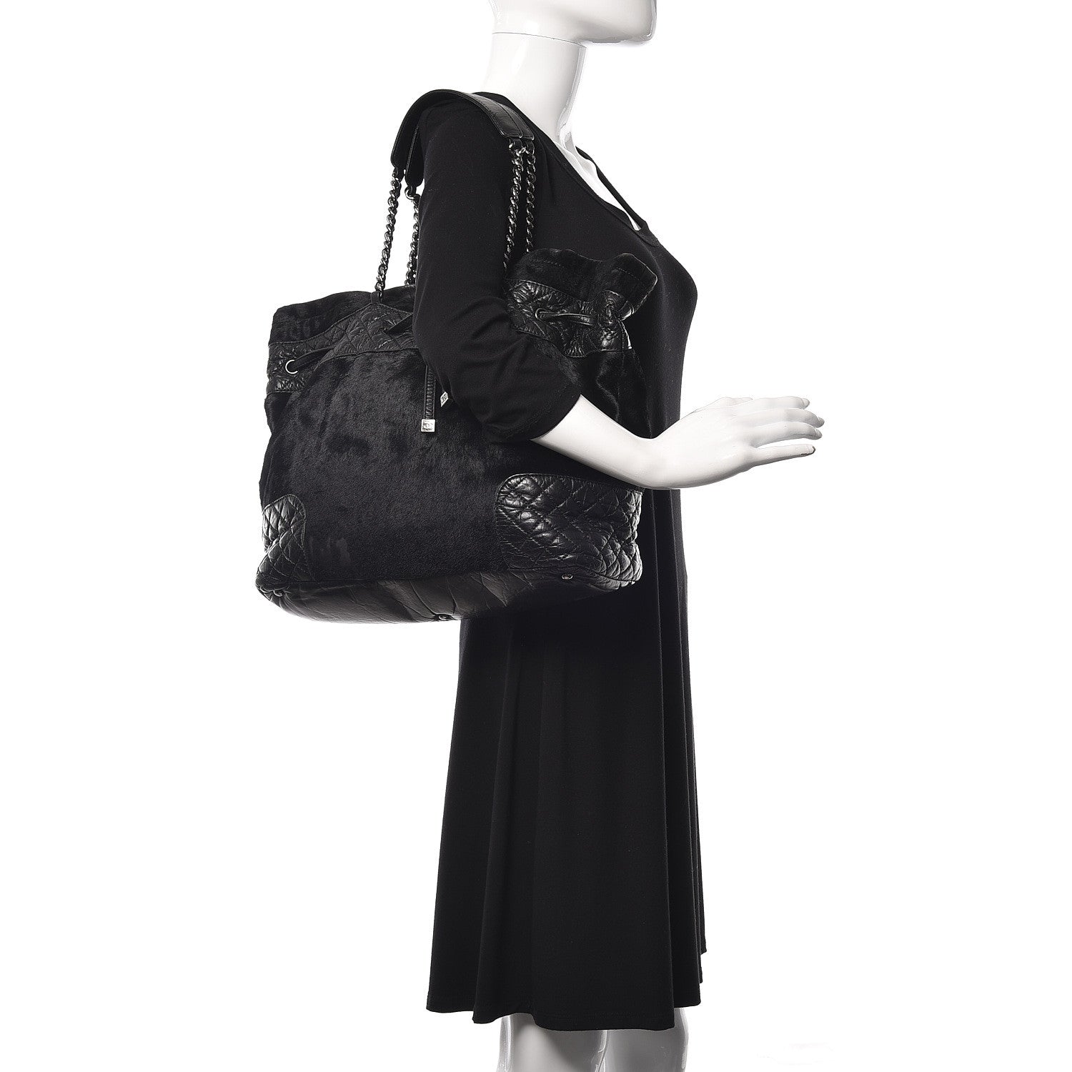 Chanel Pony Hair Quilted Drawstring Tote Black 2 of 10