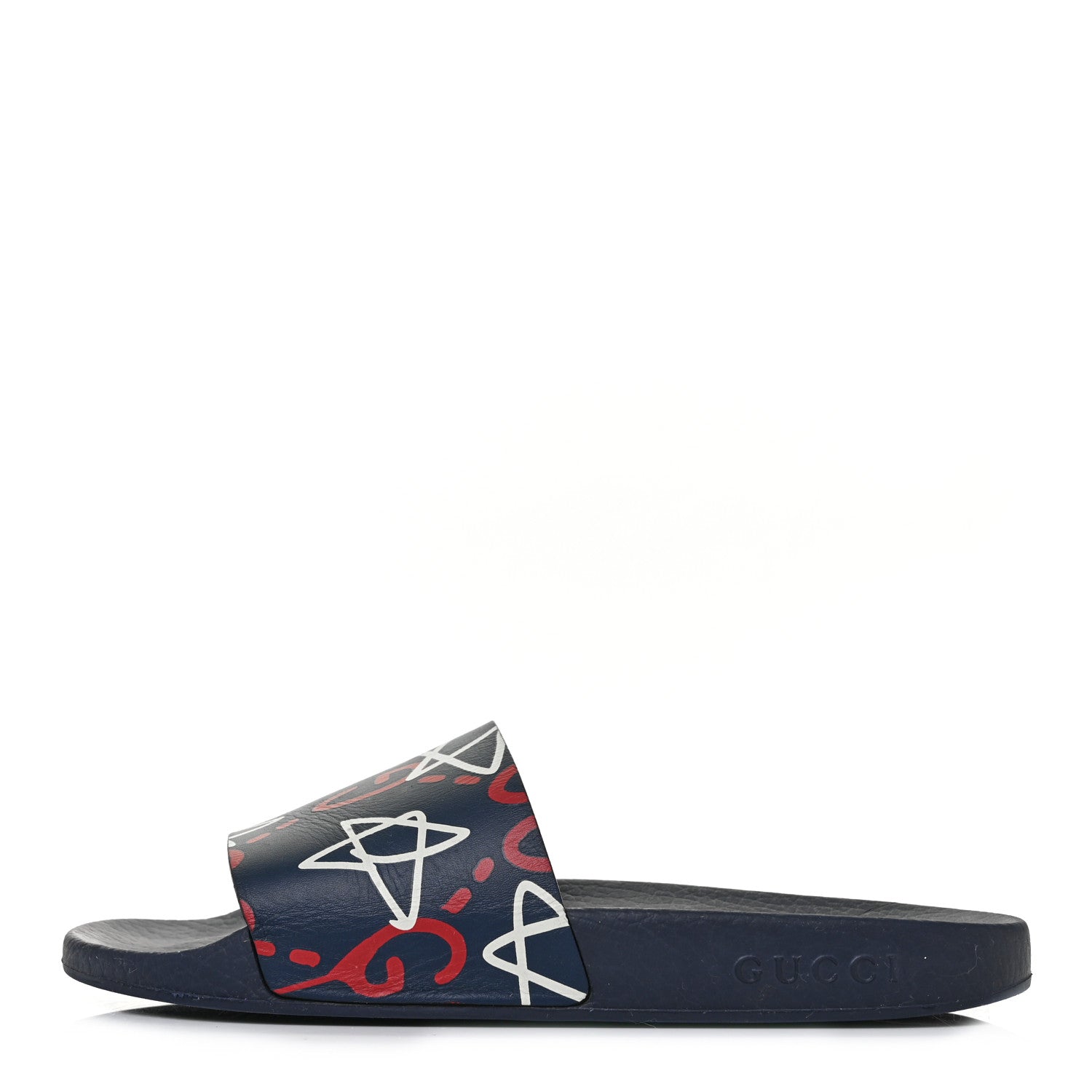 Gucci Calfskin GucciGhost Print Womens Slide Sandals 38 Blue Agata Hibiscus Red 1 of 7
