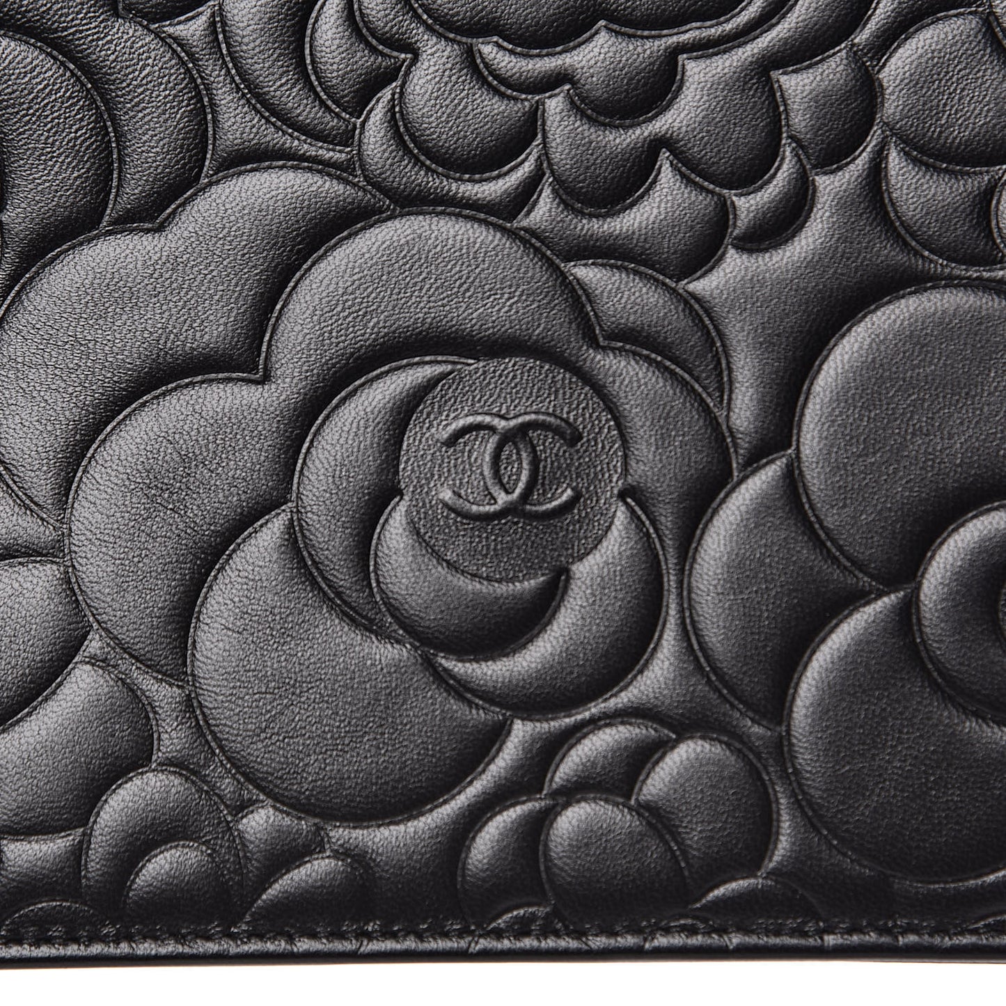 Lambskin Camellia Embossed Wallet on Chain WOC Black