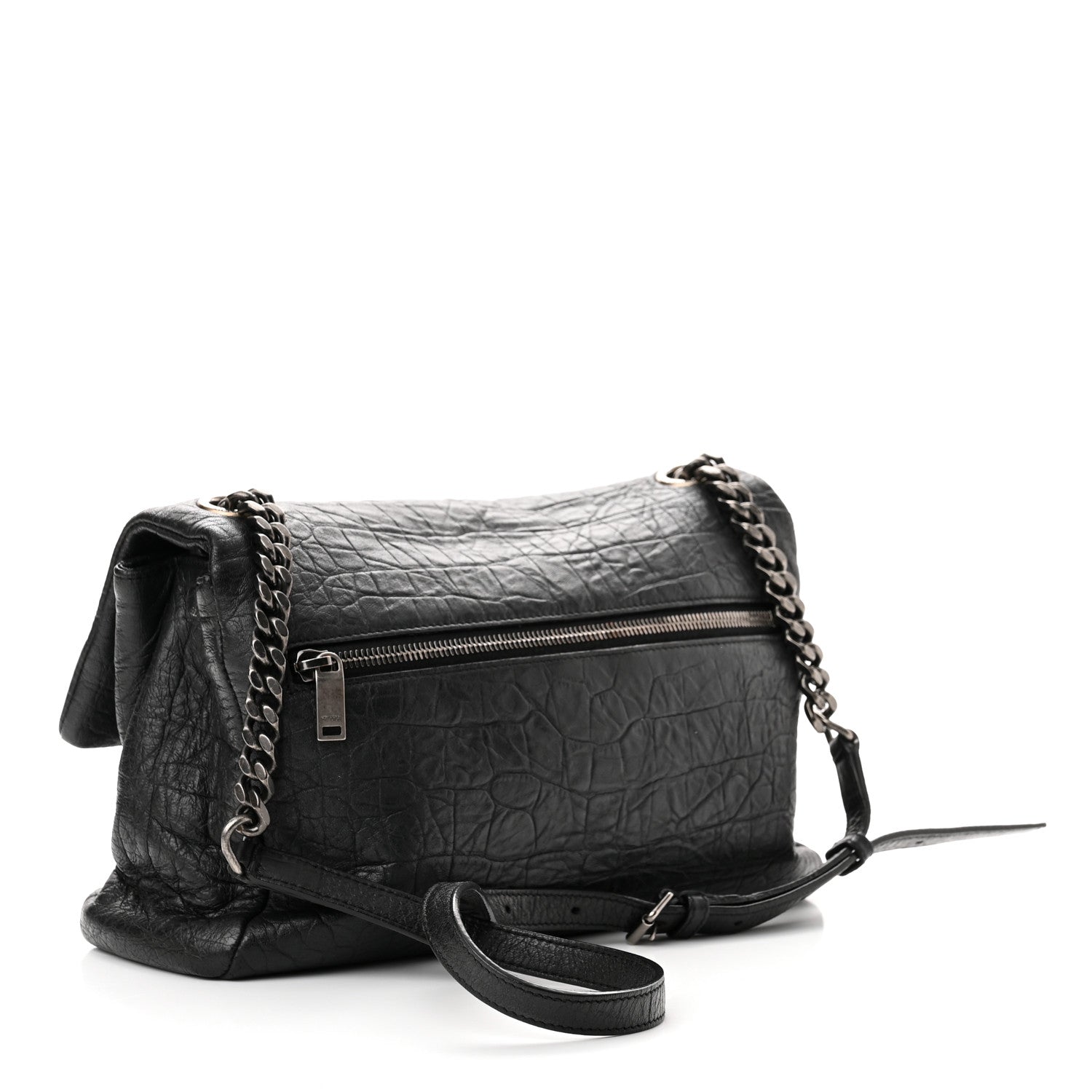 Saint Laurent Calfskin Crocodile Embossed Medium West Hollywood Monogram Fold-Over Grey 2 of 7