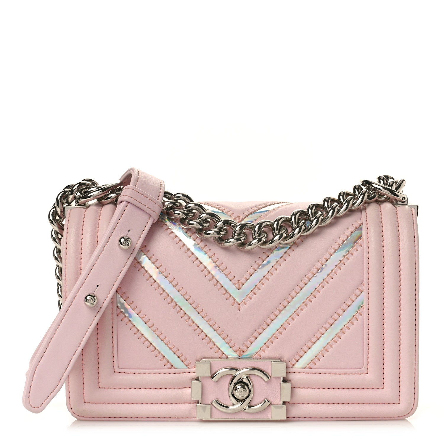 Chanel Lambskin Iridescent PVC Chevron Quilted Small Boy Flap Light Pink Silver 1 of 9