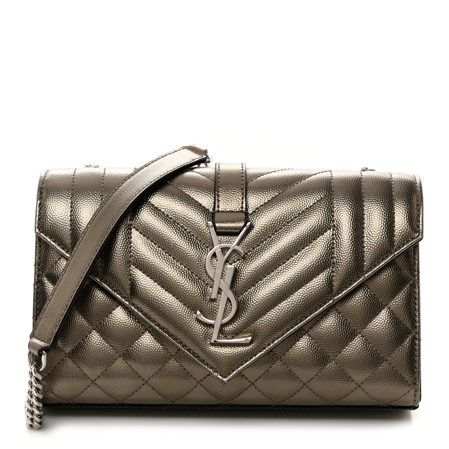 Saint Laurent Metallic Grain De Poudre Textured Mixed Matelasse Triquilt Small Monogram Satchel Piombo 1 of 11