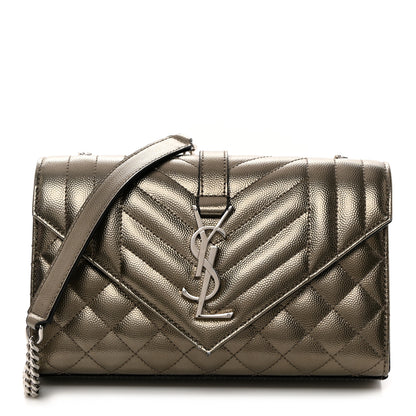 Saint Laurent Metallic Grain De Poudre Textured Mixed Matelasse Triquilt Small Monogram Satchel Piombo 1 of 11