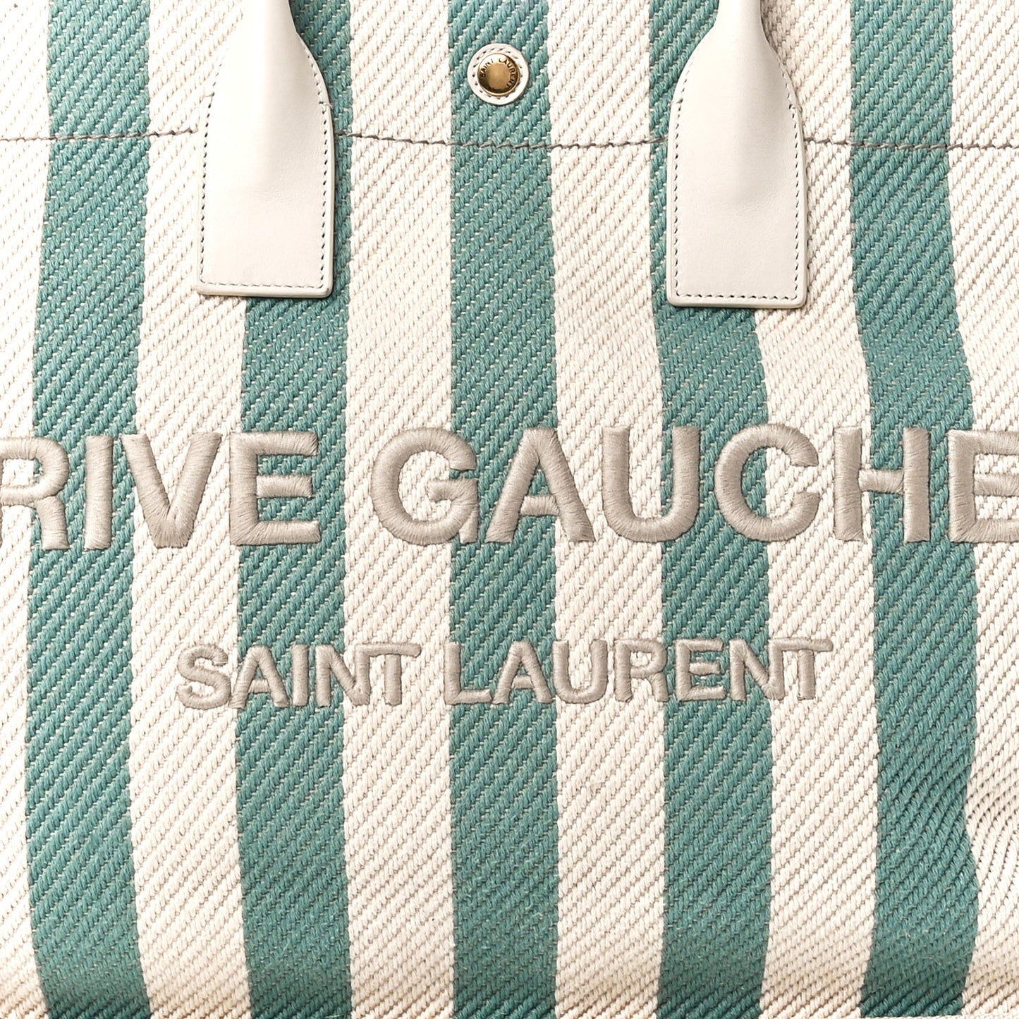 Cotton Linen Calfskin Striped Rive Gauche Tote Water Green