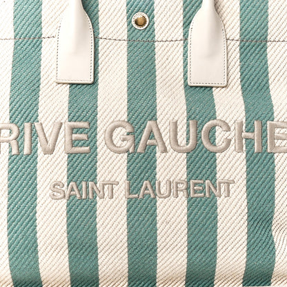 Saint Laurent Cotton Linen Calfskin Striped Rive Gauche Tote Water Green 8 of 11