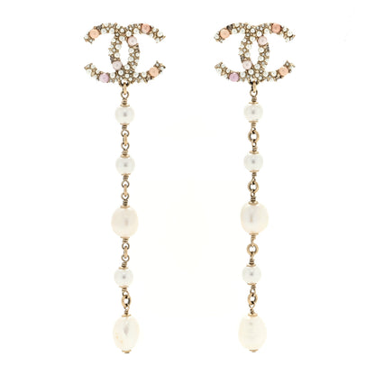 Chanel Pearl Crystal CC Charm Drop Earrings Gold Pink Pearly White 1 of 4