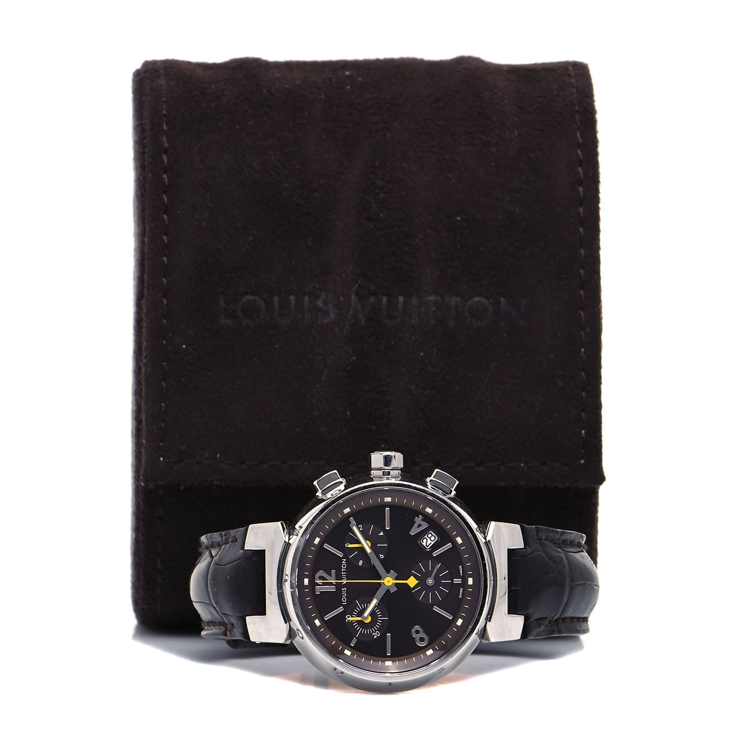 Stainless Steel Alligator 34mm Tambour Chronograph Automatic Watch Black