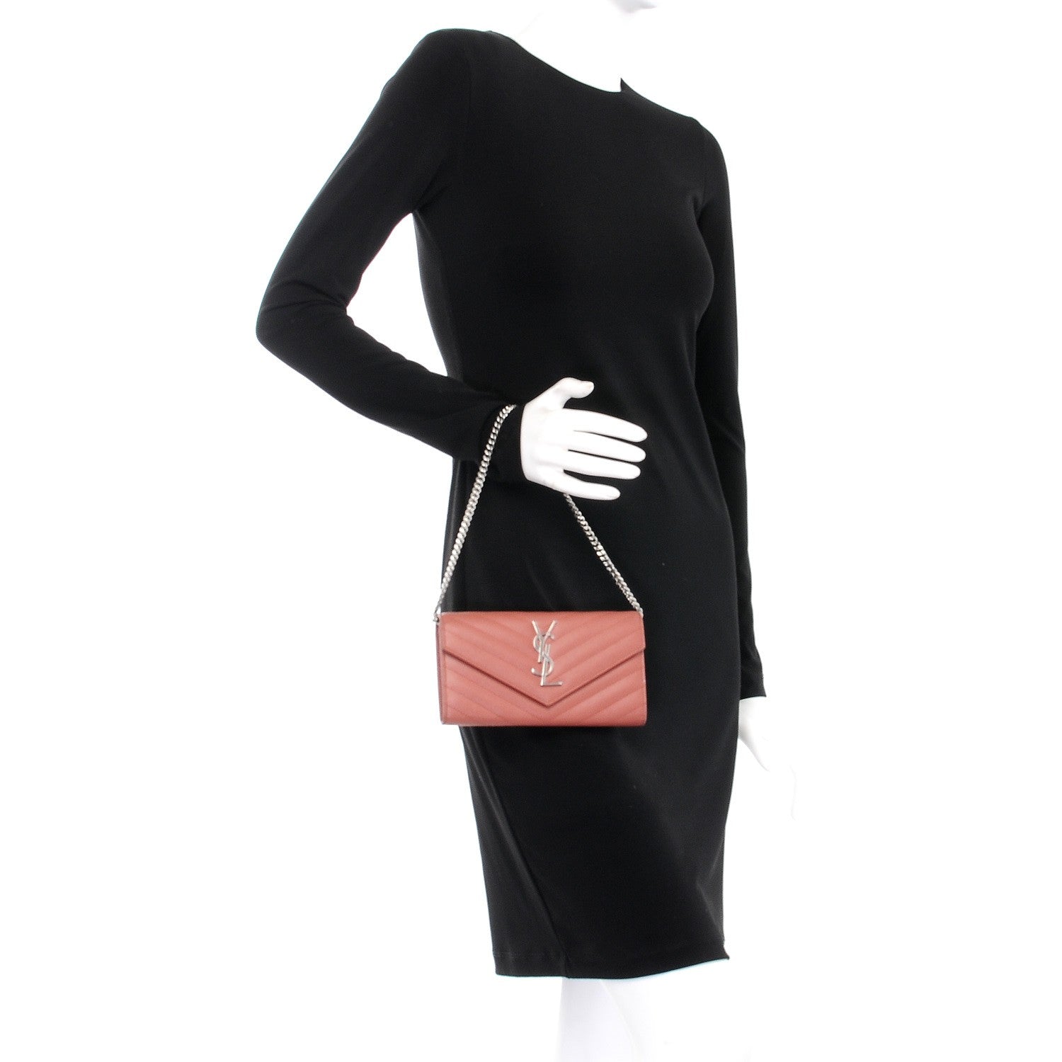 Saint Laurent Grain De Poudre Matelasse Chevron Small Monogram Chain Wallet Blush Fonce 2 of 8