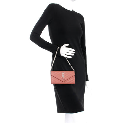 Saint Laurent Grain De Poudre Matelasse Chevron Small Monogram Chain Wallet Blush Fonce 2 of 8