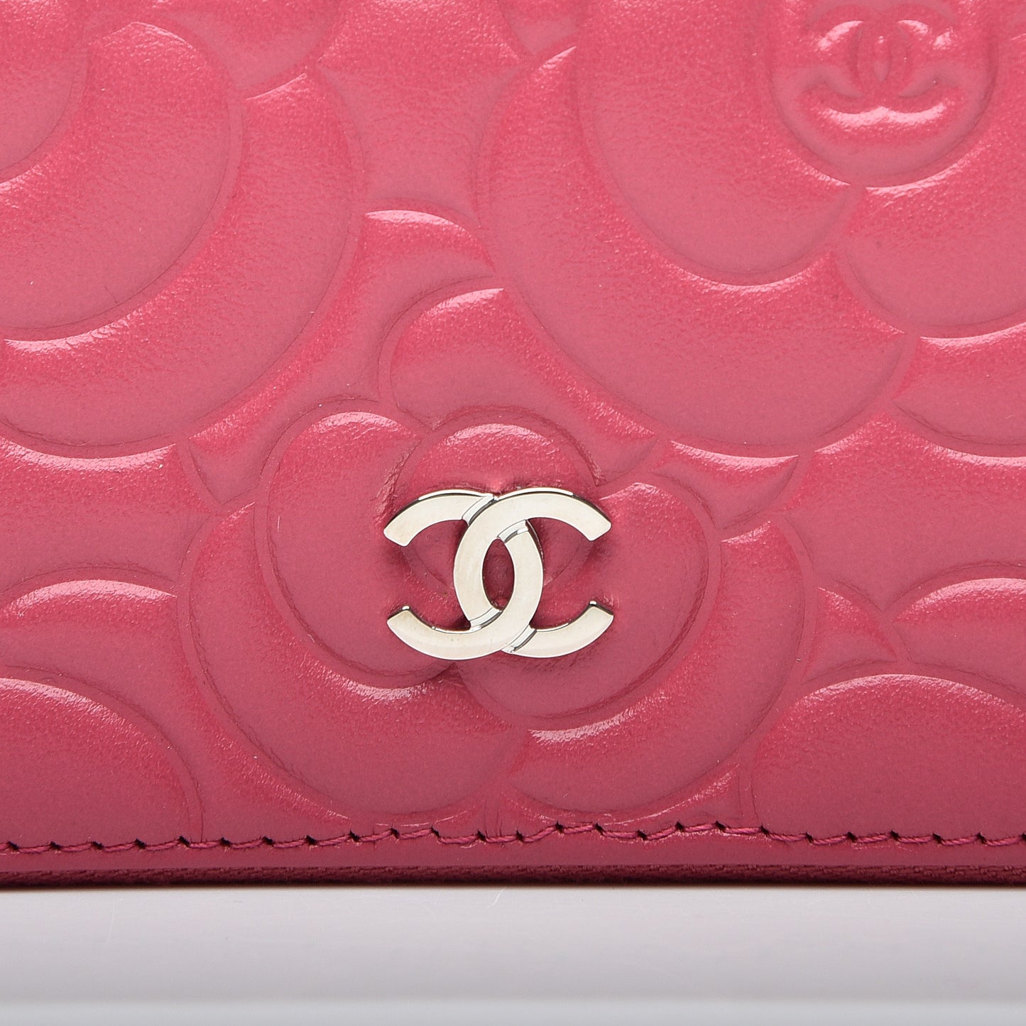 Lambskin Camellia Embossed Zip Around Card Holder Fuchsia