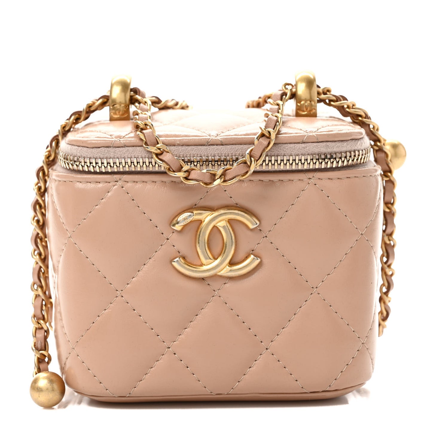 Calfskin Quilted Mini Perfect Fit Vanity Case With Chain Beige