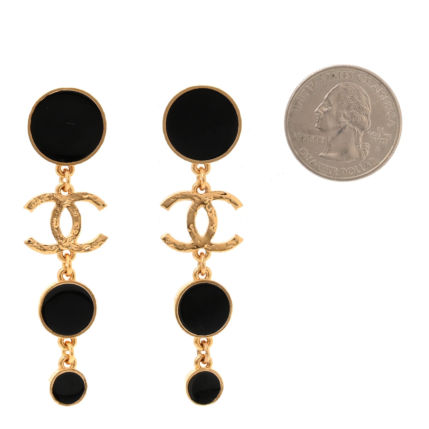 Chanel Metal Resin Disc CC Long Drop Earrings Gold Black 2 of 5