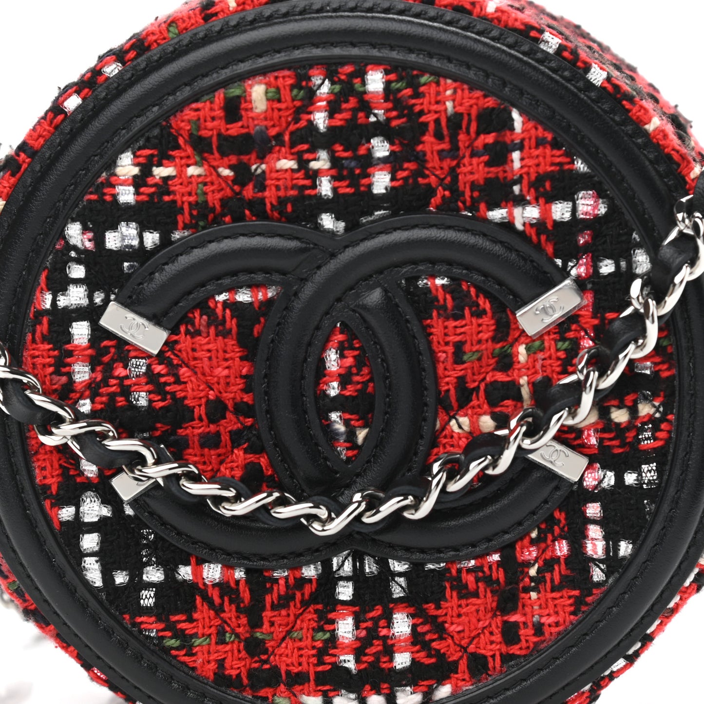 Tweed Quilted Round Filigree Clutch With Chain Red Black