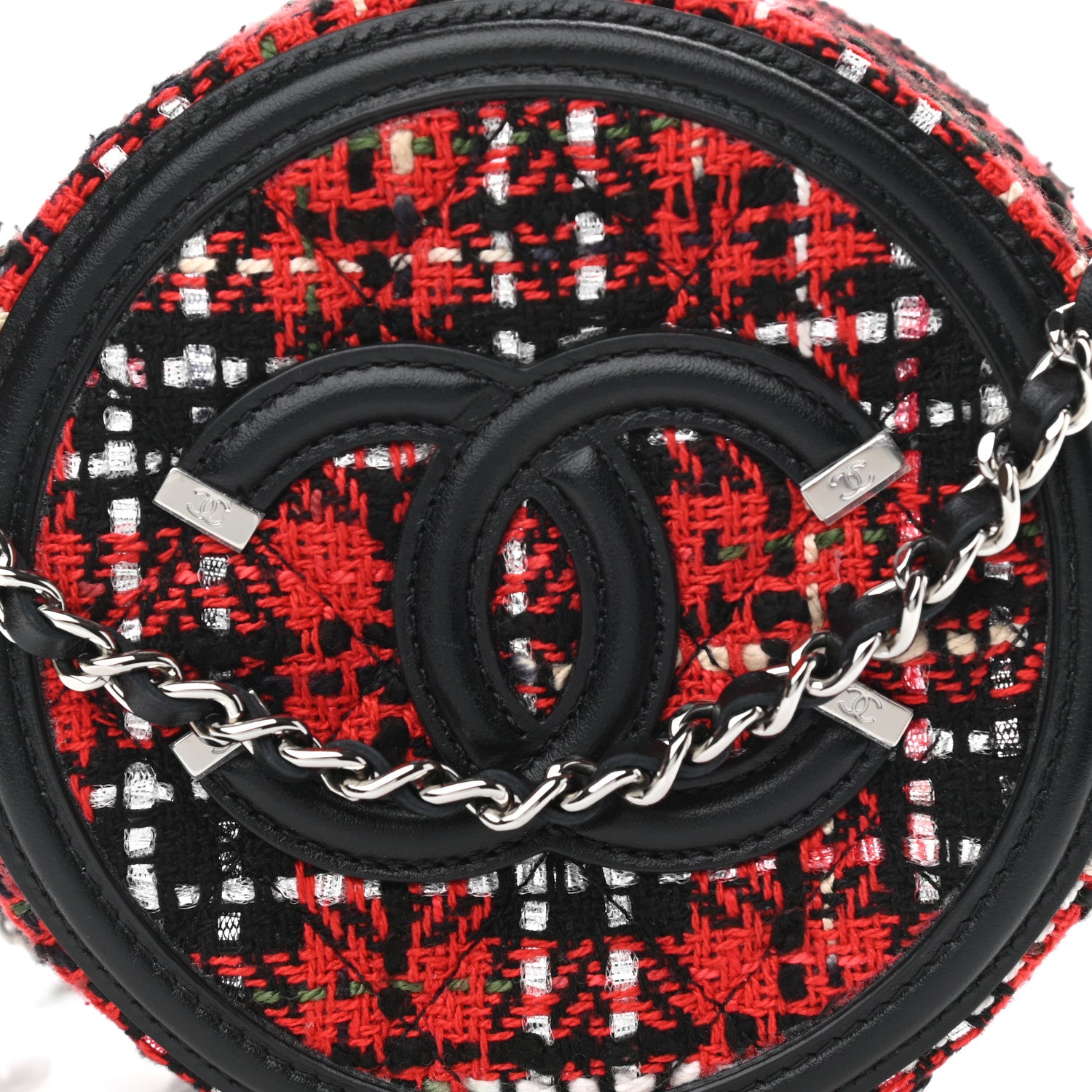 Chanel Tweed Quilted Round Filigree Clutch With Chain Red Black 7 of 9