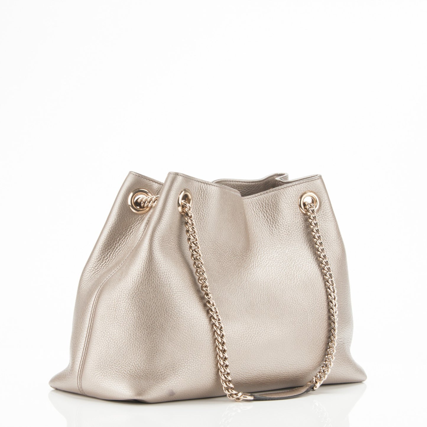 Metallic Pebbled Calfskin Medium Soho Chain Shoulder Bag Golden Beige