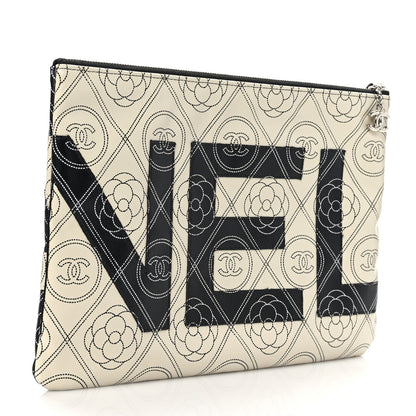 Chanel Coated Canvas Calfskin Camellia Printed Pouch Black Beige 3 of 7