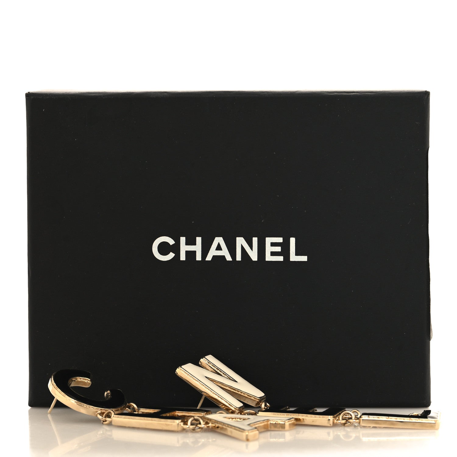 Chanel Metal Enamel Cha-Nel Logo Drop Earrings Black White 5 of 5