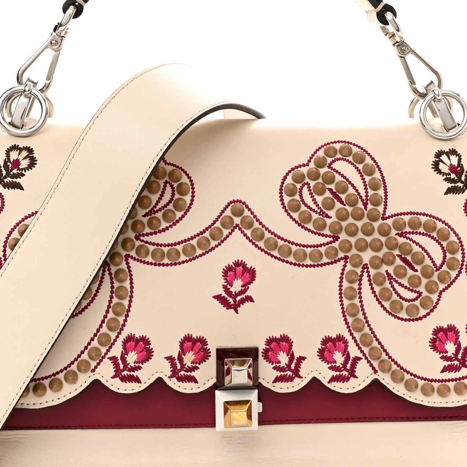 Fendi Vitello Liberty Lucido Flowers and Bows Scalloped Studded Kan I Shoulder Bag Camelia Black Cherry 8 of 16