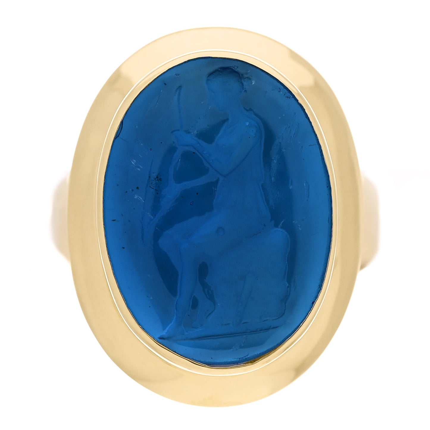 19K Yellow Gold Peacock Blue Venetian Glass Intaglio Ring 57 8