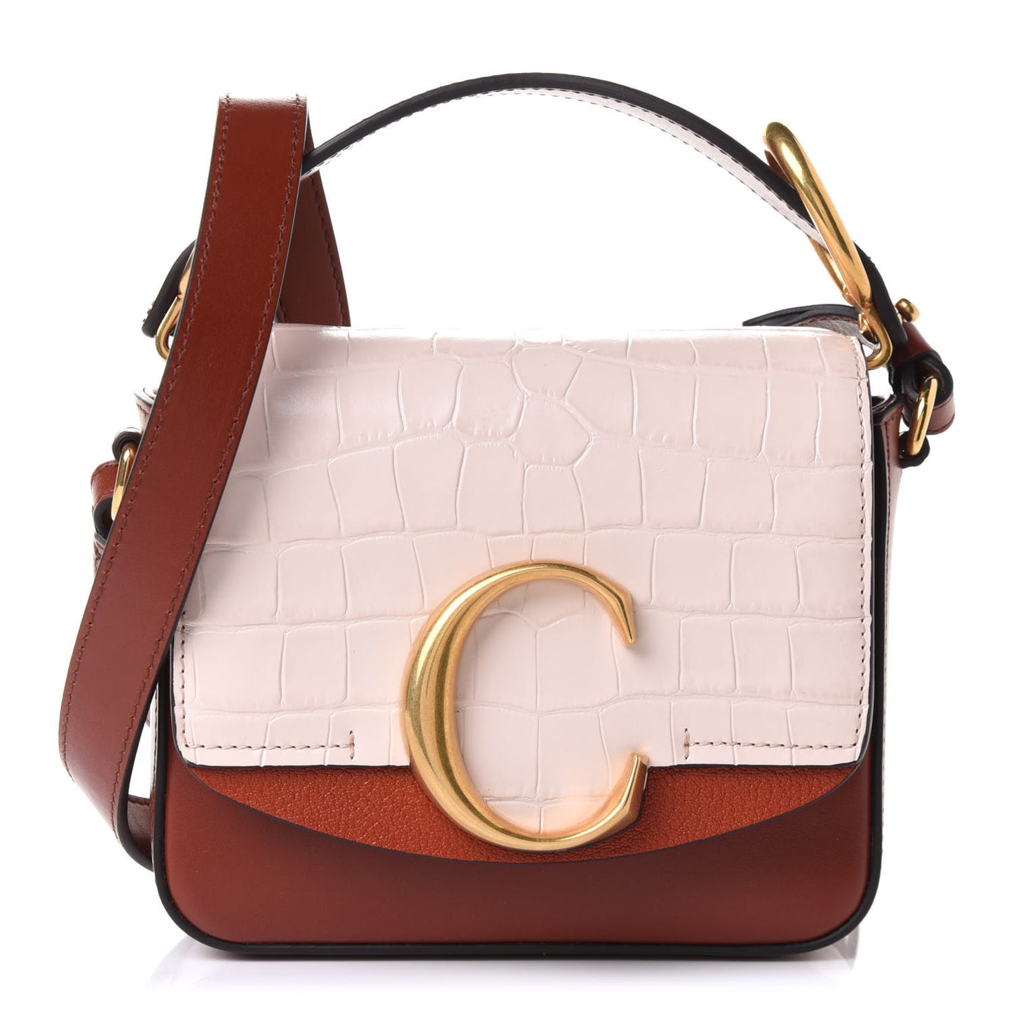 Calfskin Crocodile Embossed Mini C Bag Cement Pink Caramel