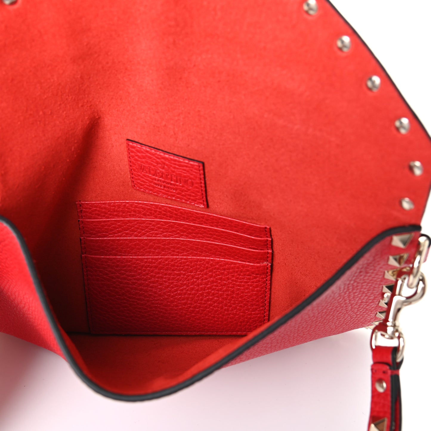Pebbled Calfskin Medium Rockstud Envelope Flat Wristlet Pouch Rouge Pur