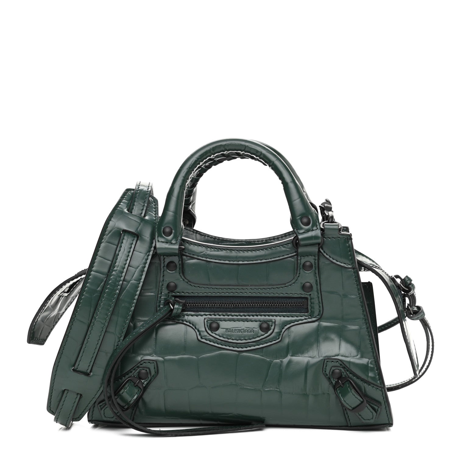 Balenciaga Semi Shiny Calfskin Crocodile Embossed Neo Classic Black Hardware Mini City Forest Green 1 of 9