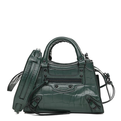 Balenciaga Semi Shiny Calfskin Crocodile Embossed Neo Classic Black Hardware Mini City Forest Green 1 of 9