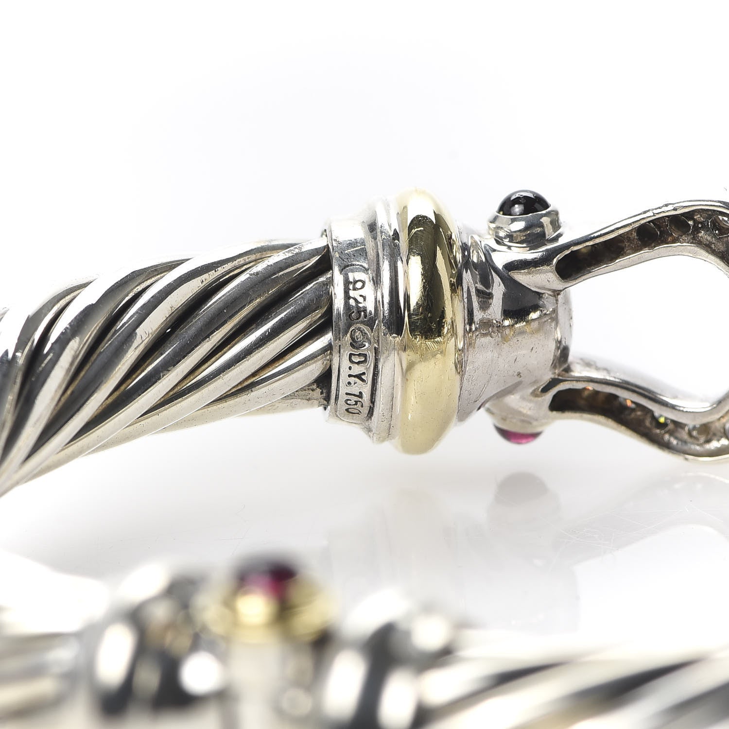 David Yurman Sterling Silver 18K Yellow Gold Diamond Garnet 10mm Cable Buckle Bracelet 5 of 5