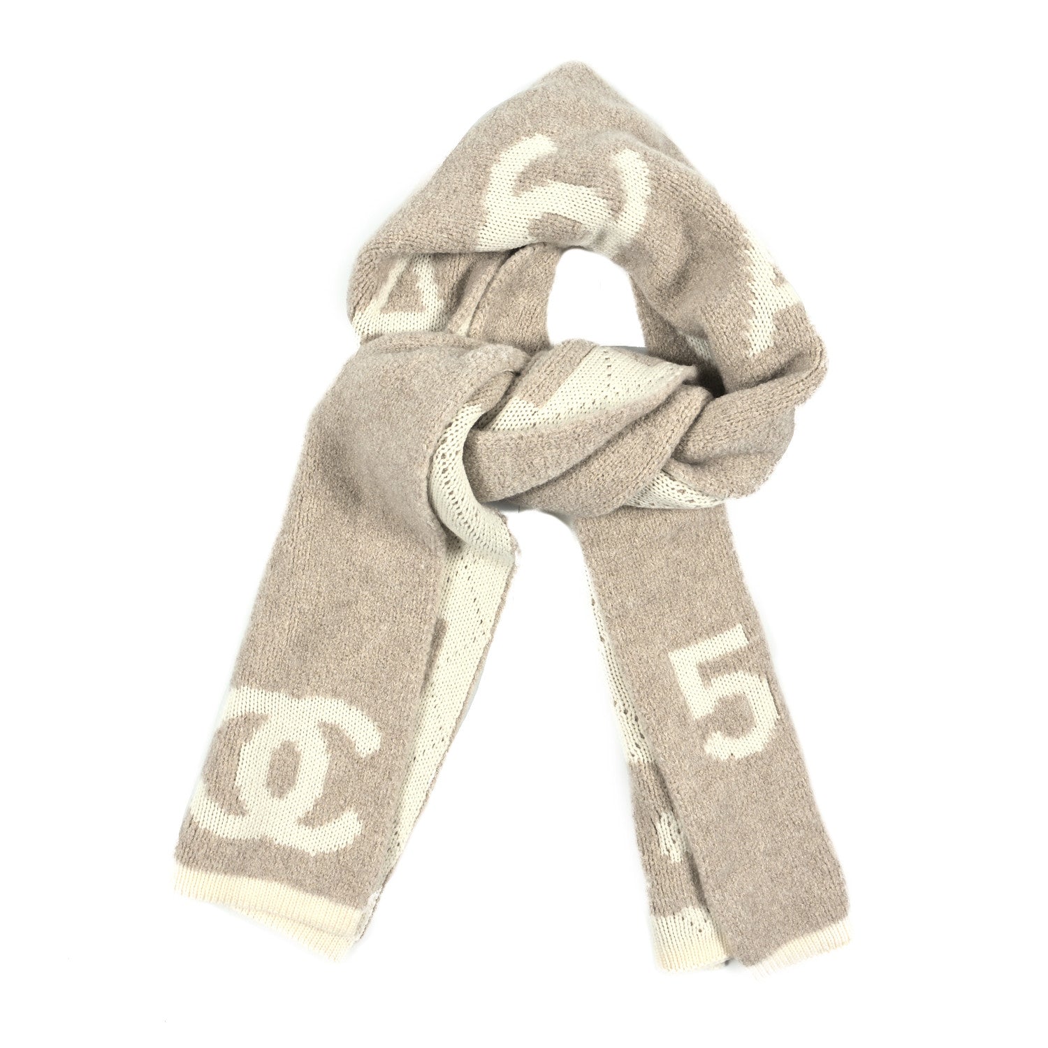 Chanel Cashmere CC Fringe Stole Beige White 1 of 3