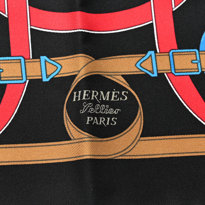 Hermes Silk Eperon D'Or Pocket Square Scarf Black Bleu Vif Rouge 2 of 4